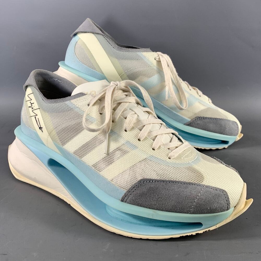 Y-3 Size 9.5 White Light Blue Stripe Mesh Athletic Sneakers